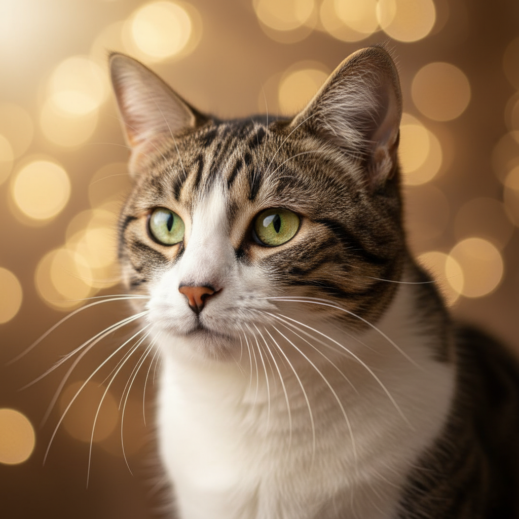Russian White, Black and Tabby cat portrait